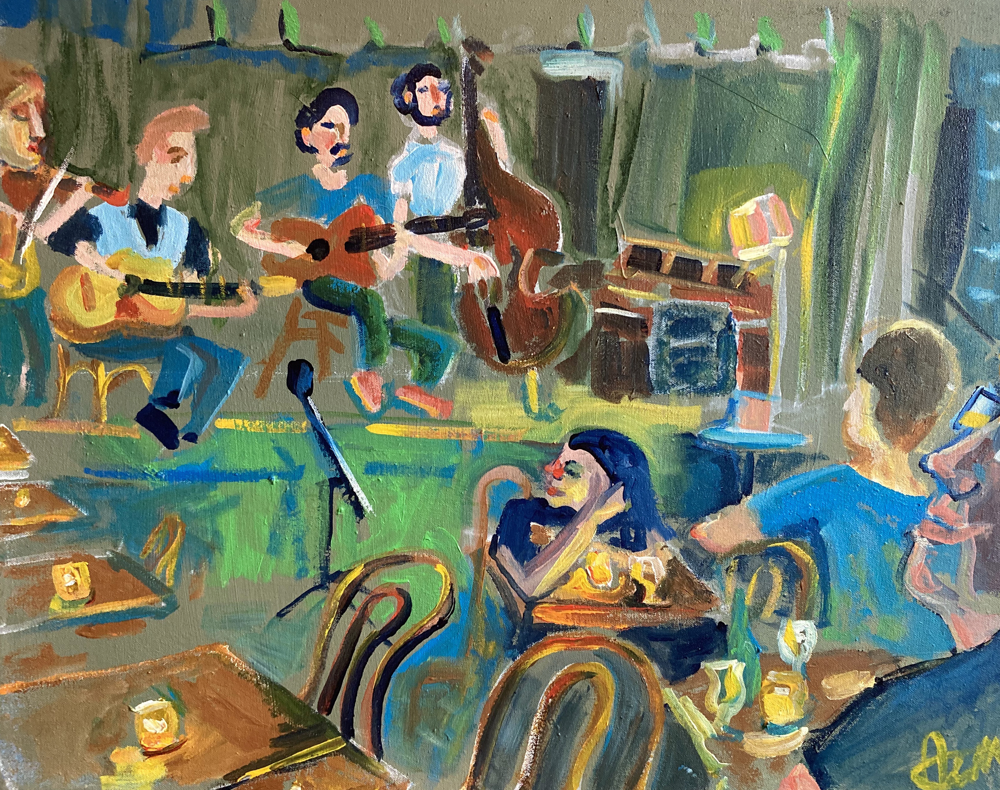 Painting of musicians performing onstage while an audience sits at candle lit tables