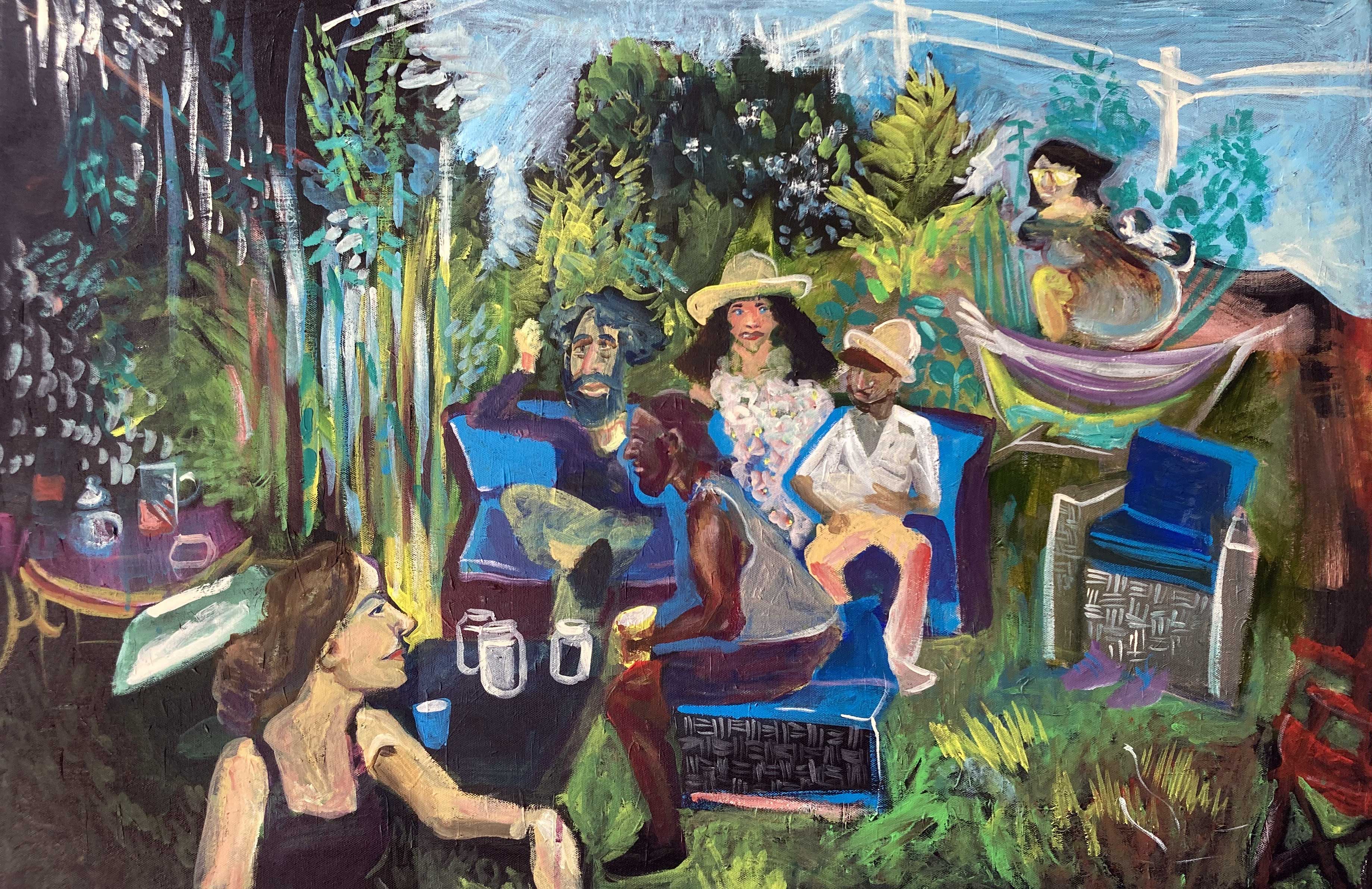 a colorful scene of a garden party with guests interacting
