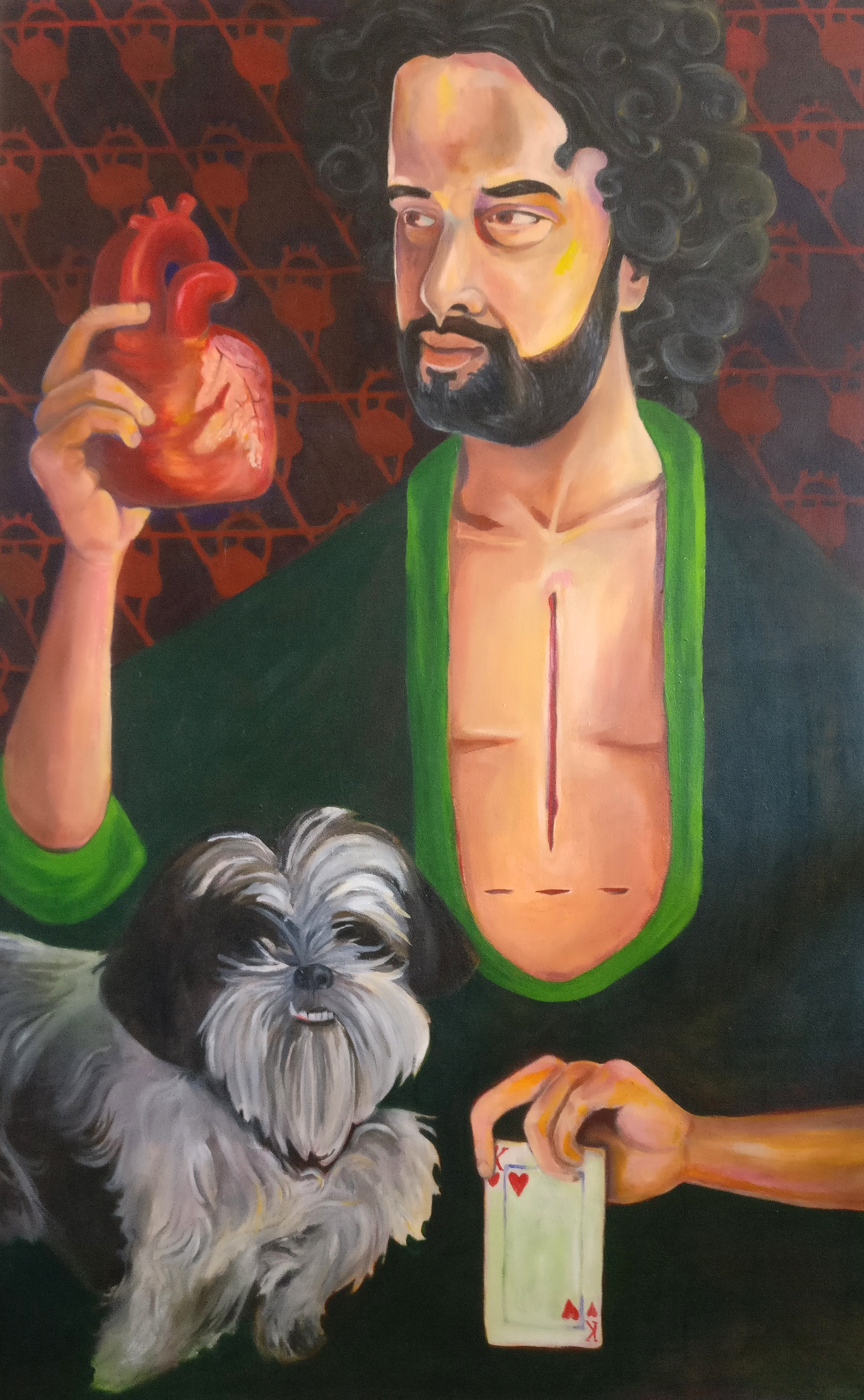 King of Hearts Painting, a man with curly dark hair wears a green robe open in the front showing a series of scars on his chest. he holds an anantomic heart on one hand and a king of hearts playing card in the other. a shihtzu sits on his lap looking regal