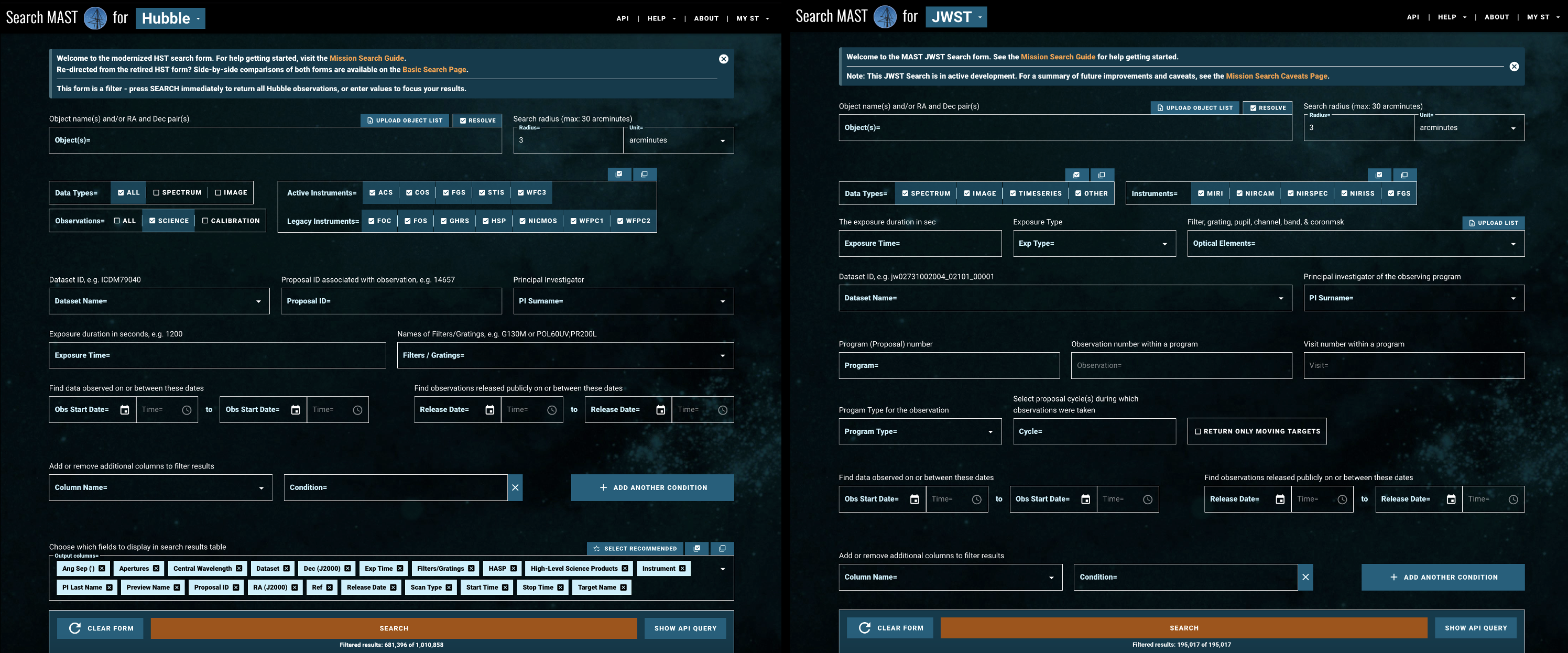 screenshot of JWST and HST MAST search to show how similar they look though they search different missions